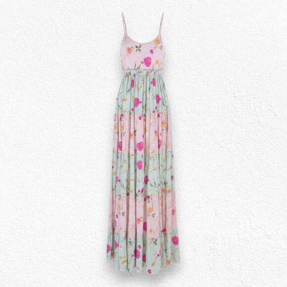 RAGA Dresses & Skirts - Raga Pink Mint Floral Tiered Maxi Dress Boho Festival Smocked Back Size XS NWT